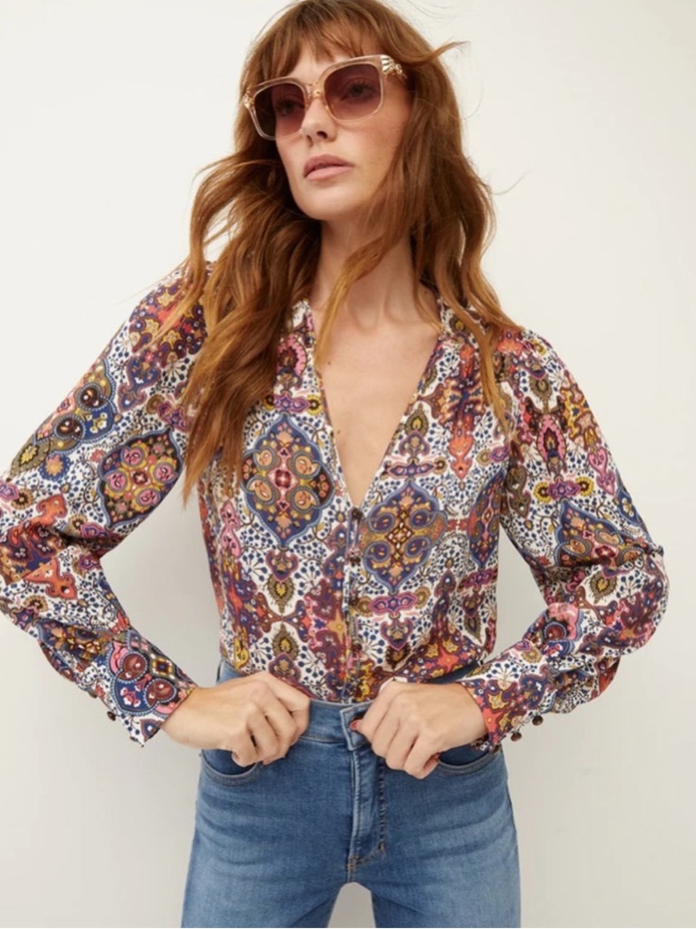 Veronica Beard Paisley Tapestry V-Neck Blouse - Pink Blue Orange Cream